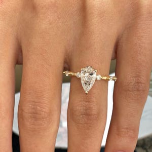 Teardrop Lab Diamond Ring in Yellow Gold, 14K Ethical Engagement Ring with Sidestones, 1.20ct E/VVS2 Pear Cut Diamond Proposal Ring