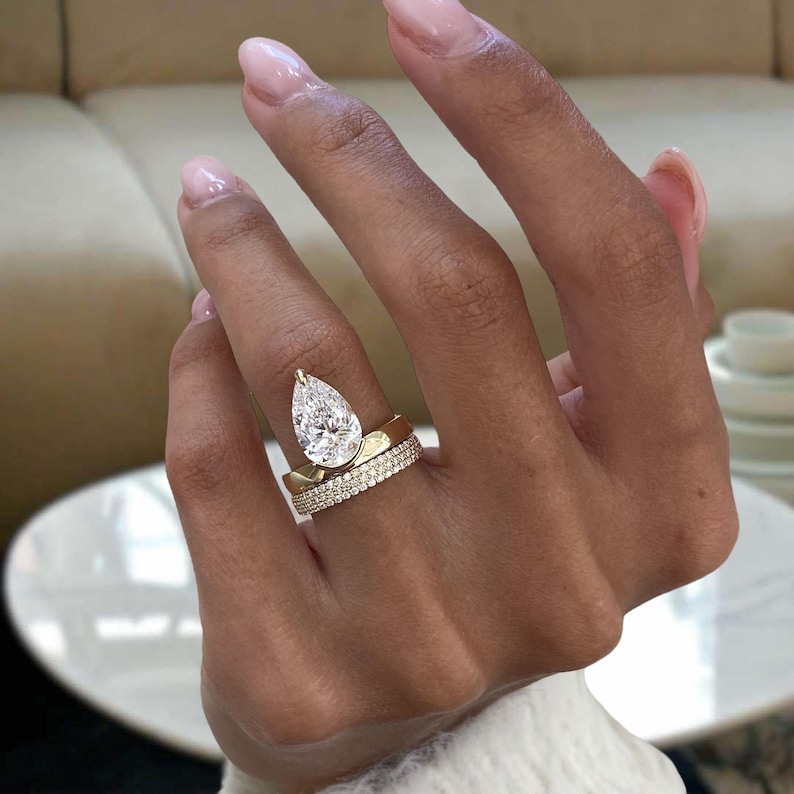 Pear Cut Diamond Engagement Ring Set, Solid 14K Yellow Gold Solitaire W ...