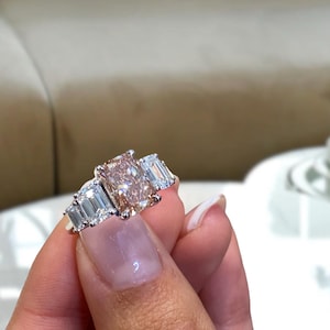 3.93Ct Radiant Cut Diamond Engagement Ring, IGI Certified Fancy/VS1 Lab Created Diamond, 18K White Gold Solitaire w/ Sidestone, Elongated