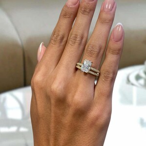 Solid 14k Yellow Gold Ring Set, Radiant Cut Diamond Engagement Ring, Certified 3ct E/VVS2 Lab Created Diamond, Micro Pave Band, Wedding Band