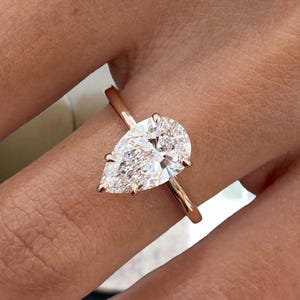 Pear Cut Solitaire With Hidden Halo Ring, 1.66ct Lab Created Diamond Engagement Ring, E/VVS2 Clarity, 18K Rose Gold, Handmade Jewelry