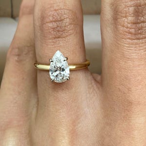 Pear Cut Diamond Solitaire Ring, 14k Yellow Gold Engagement Ring, Certified 1.10ct E/VVS2 Lab Created Diamond, Hidden Halo, Wedding Jewelry