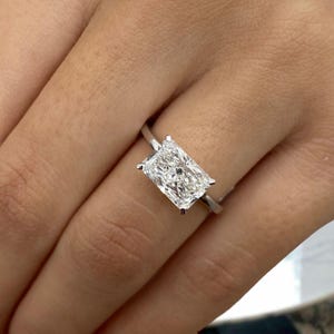 Radiant Cut Diamond Proposal Ring, Solid 14K White Gold Solitaire w/ Hidden Halo Ring, 2.10ct E/VVS2 Lab Created Diamond, Elongated Diamond