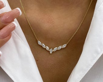 Statement Necklace 14K Yellow Gold 1.6ct E/VVS2 Marquise Cut Lab Created Diamond 2-Prong Setting Certified Wedding Jewelry Bridesmaid Gift