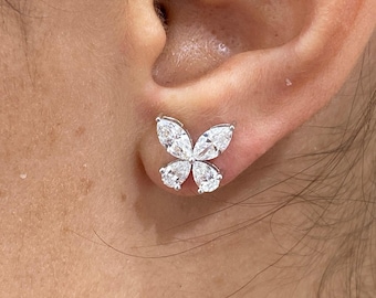 Diamond Earrings Marquise & Pear E VVS2 1.91 Carat 14K White Gold Stud Push Back  Butterfly Design