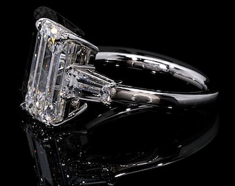Diamond Engagement Ring Emerald IGI Certified 6 Carat Total E/VVS2 Lab Grown Diamonds Platinum Three Stones Trio