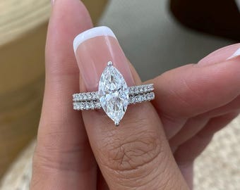 Bridal Set Rings Set 14K White Gold 2.8ct IGI Certified E/VVS2 Marquise Cut Lab Created Diamond 2-Prong Setting Round Brilliant Side Stones
