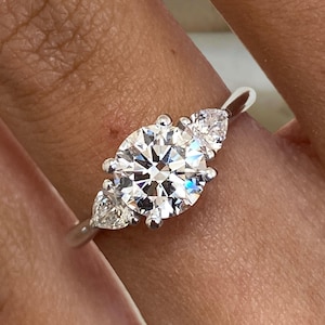 Solid 14K White Gold Three Stone Ring, Certified 1.30ct E/VVS2 Round Cut Lab Created Diamond Engagement Ring, Anniversary Gift for Her