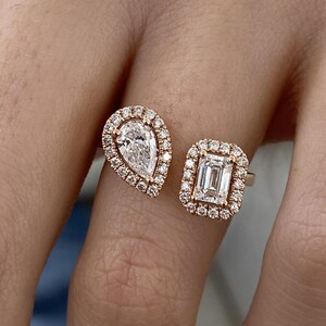 Emerald Cut Pear & Round Diamond 1.10 ct Two Stone Ring, Glamorous E/VVS2 Lab Diamond, Rose Gold 14K Elegant Design Eco Diamond Ring