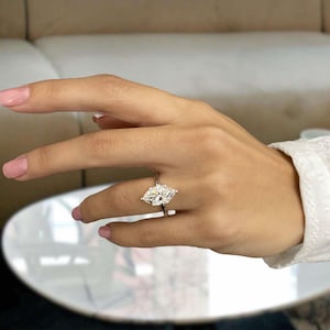 Solid 14K White Gold Solitaire Ring, Marquise Cut Diamond Engagement Ring, Certified 3ct E/VVS2 Lab Created Diamond, Wedding Jewelry