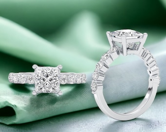 2.00 Ct Princess Cut Diamond Engagement Ruing, Half Eternity Ring, Solid 14k White Gold Proposal Ring, IGI Certified Lab Grown Diamond VS1