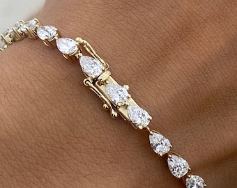 6.1ct E/VVS2 Pear Cut Lab Created Diamond Tennis Bracelet 14K Yellow Gold 3- Prong Setting Certified Statement Piece Wedding Jewelry