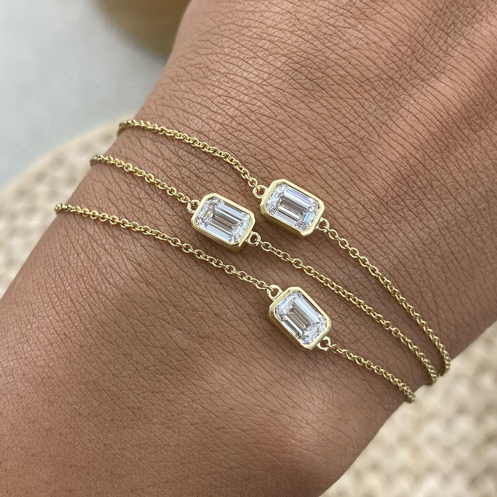 1.8ct E VVS2 Emerald Cut Lab Created Diamond 14K Yellow Gold Chain Bracelet Bezel Setting Certified Dainty Fine Jewelry Gift for Women
