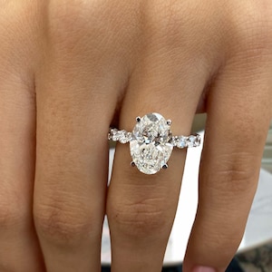 4.41ct Oval Cut Diamond Engagement Ring, Solid 18K White Gold, Certified E/VS1 Lab Created Diamond, Solitaire with Hidden Halo & Sidestones