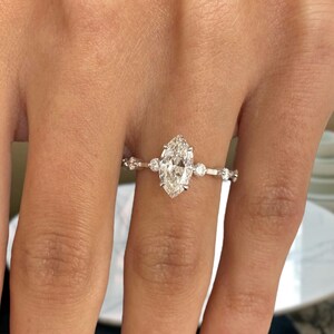 14K White Gold Diamond Engagement Ring, Certified 1.30ct E/VVS2 Marquise Cut Lab Created Diamond, Solitaire with Sidestones, Ring for Women
