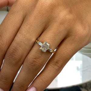 Radiant Cut Diamond 3-Stone Engagement Ring with Baguette Accents, Certified 1.20ct E/VVS2 Lab Grown Diamonds, 14K Yellow Gold Diamond Ring
