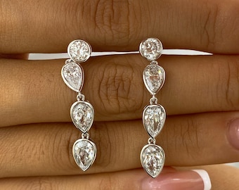 Dangle Earrings 14K White Gold 3.5ct E/VVS2 Pear Cut Lab Created Diamond Bezel Setting 2 Pear Shaped Side Stones