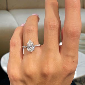 Pear & Round Cut Lab Created Diamond Engagement Ring, 14k White Gold, Certified 3.20ct E/VVS2, 3D Pave Band, Hidden Halo, Anniversary Gift