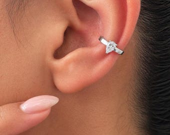 Pendiente individual tipo brazalete con diamante en forma de pera, E VVS2, 0,3 quilates, diamante ecológico cultivado en laboratorio, oro blanco de 14 quilates.