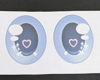 Fursuit eye mesh - A-grade sky blue 84mm tall oval with heart and sparkles - black back