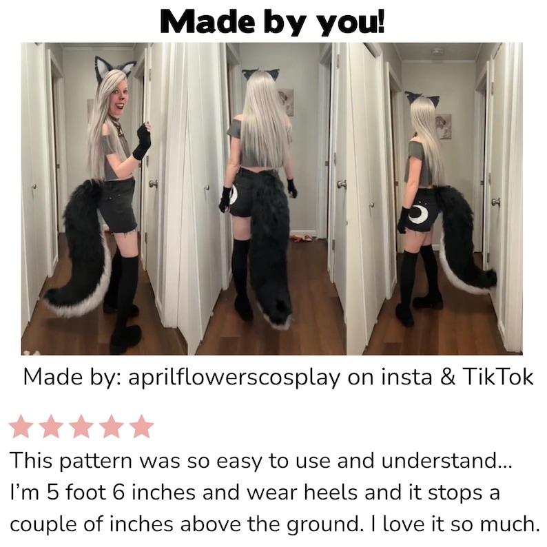 Może przedstawiać: Pokazano czarno-biały lis ogon i pasujące uszy. Tekst "Made by you!" znajduje się na g&oacute;rze obrazu. Tekst "Made by: aprilflowerscosplay on insta & TikTok" znajduje się na dole obrazu.