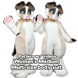 May include: A full-body animal costume featuring white and tan faux fur, large expressive eyes, and pink paw pads. The suit includes a headpiece with brown ears and a tail. Text on the image reads: Pattern w/ videos, Women's Medium, Multi-size body suit.