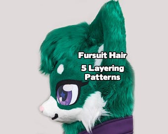 May include: A green and white fursuit head with a purple and white eye design. The text "Fursuit Hair 5 Layering Patterns" is displayed on the image. The fursuit has a pink nose and a purple neck piece.