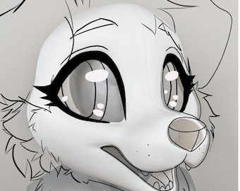 May include: A white dog head with large eyes and a friendly smile, with black outlines. The cartoon-style head is mounted on a grey base, possibly a costume or sculpture. The design is clean and simple, with a focus on expression.
