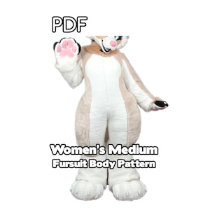 May include: A PDF pattern for a medium fursuit body featuring a tan and white animal costume with a raised paw showing pink pads. The text PDF and Women's Medium Fursuit Body Pattern are visible on the image, which displays a full-body suit.