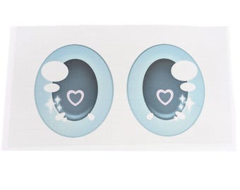 Fursuit eye mesh - A-grade 91mm tall Teal oval with heart and sparkles - black back