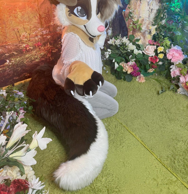 Może przedstawiać: Głowa fursuitu psa z brązowym i białym futrem, r&oacute;żowym nosem i dużymi oczami. Fursuit jest połączony z pasującym ogonem, brązowym u g&oacute;ry i białym na dole. Łapy są brązowe z brązowymi pazurami. Fursuit znajduje się na zielonej powierzchni.