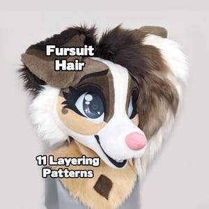 Könnte beinhalten: Nahaufnahme eines Fursuit-Kopfes im Hunde-Design mit großen, ausdrucksstarken Augen und einer rosa Nase. Das Fell ist eine Mischung aus Braun, Weiß und Beige. Der Text auf dem Bild lautet "Fursuit Hair" und "11 Layering Patterns".