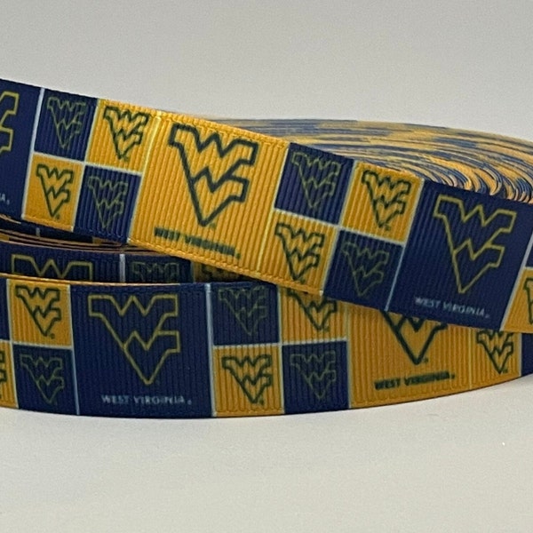 West Virginia Ribbon - 7/8 inch Grosgrain Ribbon  -College Sports Ribbon - West Virginia University - WVU