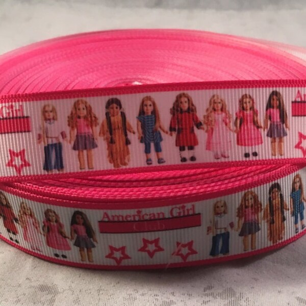 Character Ribbon - 7/8 inch Grosgrain Ribbon featuring American Girl Dolls with a pink border - Craft Supply - DIY Crafts, Scrapbook, Bows