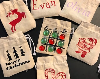 Tic Tac Toe Bags - Customizable Tic Tac Toe Game - Drawstring Canvas Bag Tic Tac Toe- Stocking Stuffers - Party Favors - Game Gifts