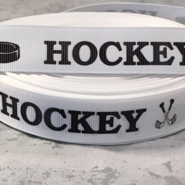 Hockey Ribbon- 7/8 inch Grosgrain Ribbon is White with Black Hockey design - Sports Ribbon - Hockey - Hockey Craft Supply
