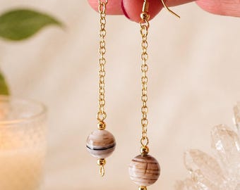 Striped Agate Dowsing Pendulum Earrings - Gold Tone: Chakra Energy Healing Crystal