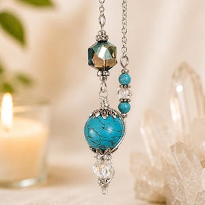 Turquoise Silver Dowsing Pendulum, Silver Plated Wire Wrapped (10 inch)