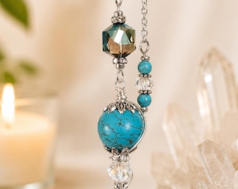 Turquoise Silver Dowsing Pendulum, Silver Plated Wire Wrapped (10 inch)