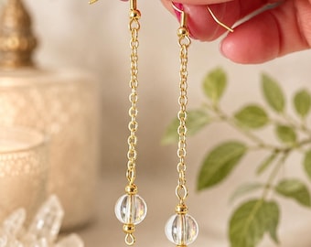 Crystal Quartz Dowsing Pendulum Earrings - Gold Plated: Chakra Energy Healing Crystal