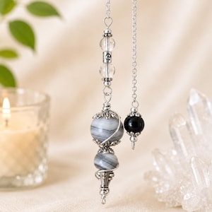 Grey-Banded Agate & Silver Dowsing Pendulum: Chakra Energy Healing Crystal (8 inches)