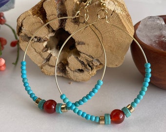 Large Hoop Earrings, Carnelian Hoops, Turquoise Earrings, Energy Healing, Chakra Earrings, Yoga Earrings, Meditation, Metaphysical Healing