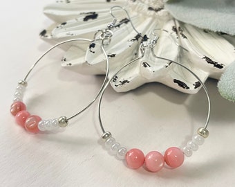 Large Hoop Earrings, Pink Shell Earrings, Chakra Healing, Chakra Earrings, Yoga Earrings, Energy Healing, Gemstone Hoop Earrings