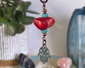 Protection Amulet Necklace, Red Coral Necklace, Hamsa Hand Necklace, Copper Necklace, Wire Wrapped Coral, Yoga Meditation