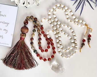 Chakra Healing Necklace with Magnesite, Carnelian & Jasper: 108 Mala Beads