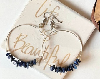 Lapis Lazuli Hoop Earrings, Large Hoop Earrings, Silver Hoops, Yoga Earrings, Chakra Earrings, Boho Earrings, Rustic Bohemian Earrings