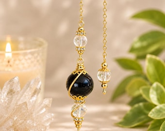 OOAK Blue Black Tigers Eye Dowsing Pendulum for Calm, Clarity & Self-Trust, Crystal Divination Tool | Spiritual Gift 8 inches
