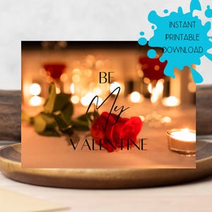 Download digitale stampabile Sii il mio biglietto di San Valentino, biglietto di San Valentino romantico con rose rosse e bicchieri da vino, biglietto d'amore con download digitale in PDF