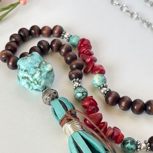 Turquoise and Coral Necklace, Heart Chakra Necklace, Yoga Jewelry, Meditation Stones, Inner Peace Necklace, Mother's Protection Amulet image 2