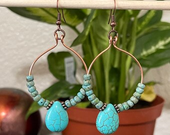 Large Turquoise Hoop Earrings, Copper Hoop Earrings, Yoga Earrings, Energy Healing, Bohemian Earrings, Rustic Earrings, Navajo Style, Boho